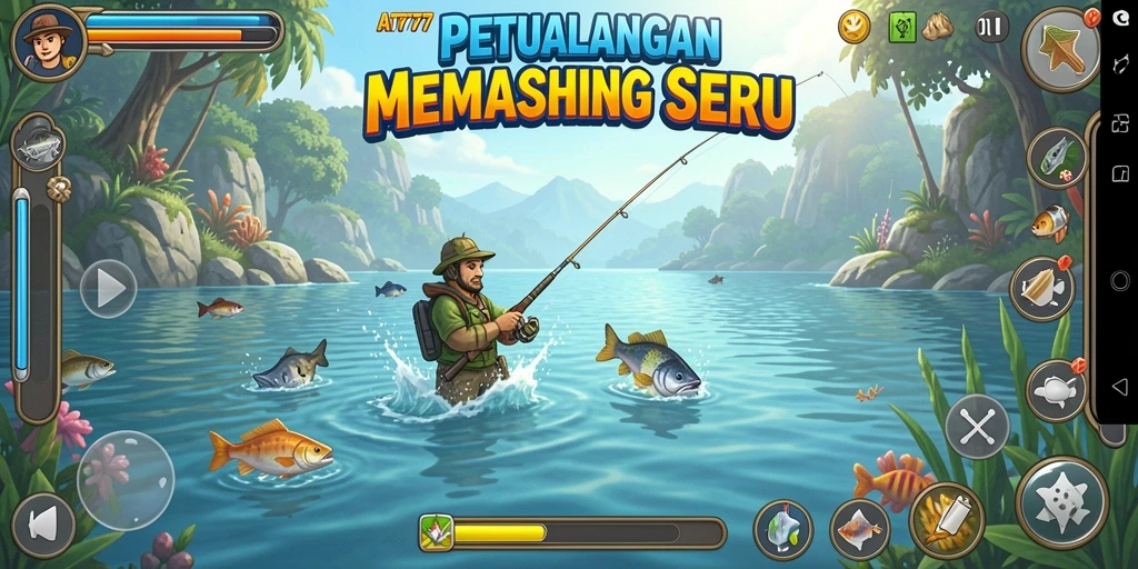 Tampilan gameplay AT777 dengan pemandangan alam yang spektakuler saat memancing.