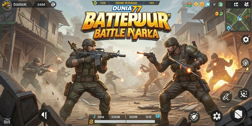 Tangkapan layar DUNIA77 menampilkan pertempuran seru di dunia Battle Royale.