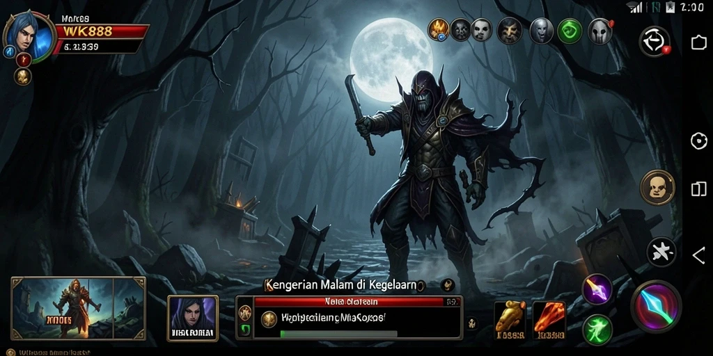 Screenshot gameplay WK888 menampilkan suasana menyeramkan di malam hari.